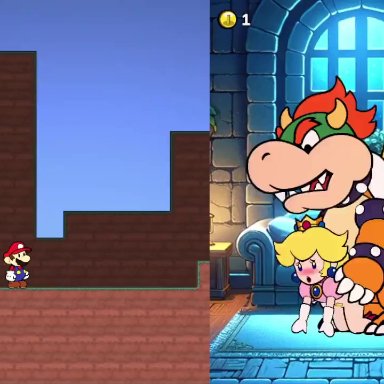 mario (series), nintendo, paper mario, bowser, mario, paper peach, princess peach, drybonex, 1girl, 2boys, cum, cum inside, doggy style, edging, rape