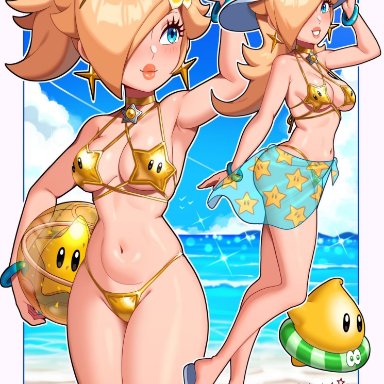 mario (series), nintendo, super mario galaxy, luma, princess rosalina, sarukaiwolf, 1girls, ball under arm, beach, beach ball, belly, belly button, bikini, blonde hair, blue eyes