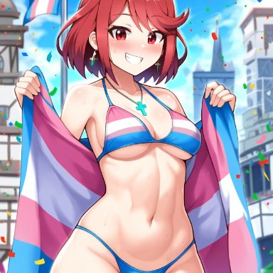 lgbt pride, xenoblade chronicles 2, pyra, pyra (xenoblade), robofun, bikini, bulge, chest jewel, city, confetti, core crystal (xenoblade), curvy, festival, futanari, grin