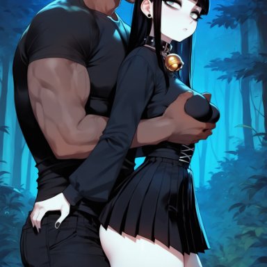 bella (xandr), thiccwithaq (ai style), xandr, 1girls, ass, bangs, bell collar, black earrings, black hair, black makeup, black skin, black sweater, blunt bangs, breasts, choker