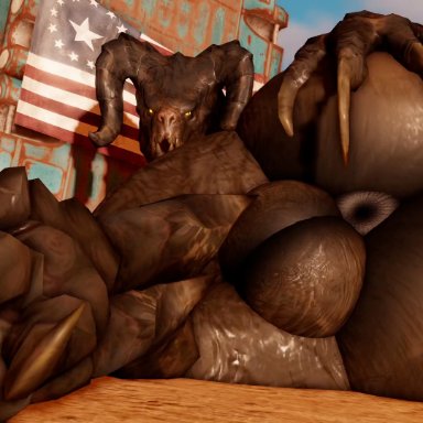 fallout, microsoft, deathclaw, willie piv, american flag, anthro, anus, ass, balls, big balls, big butt, butt slap, gay, genitals, horn