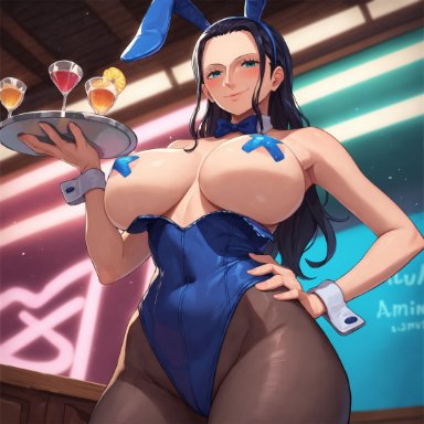 one piece, nico robin, alex-schura, 1girls, alcohol, animal ears, areola slip, bangs, bare shoulders, black hair, black leotard, blue bow, blue eyes, blue leotard, blush