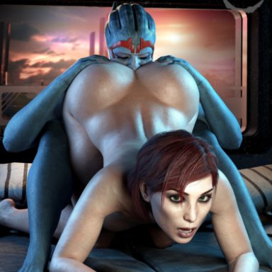 bioware, electronic arts, mass effect, asari, commander shepard, femshep, jane shepard, samara, keister3d, 2girls, ass, big ass, big breasts, blue body, blue-skinned female