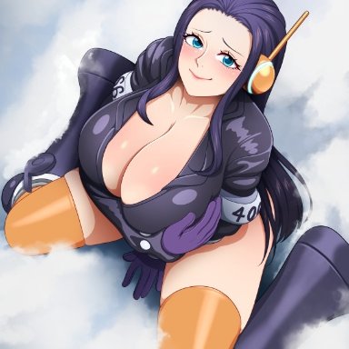 one piece, one piece: egghead arc, nico robin, neocoill, 1girls, big breasts, black hair, blue eyes, female, female only, large breasts, looking at viewer, pale skin, pale-skinned female