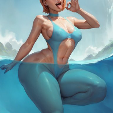 ben 10, cartoon network, gwen tennyson, aiporndude, 1girls, aged up, ass, bangs, blue eyes, blue one-piece swimsuit, blue swimsuit, breasts, cameltoe, choker, collarbone