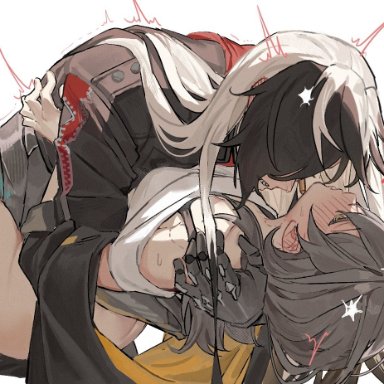 honkai: star rail, boothill (honkai: star rail), stelle (honkai: star rail), stars4993, 1boy1girl, bite mark, blush, climax, couple, cowboy, cyborg, fully clothed, gray hair, half-dressed, hidden eyes