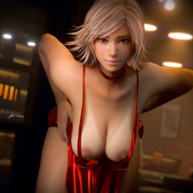 bandai namco, tekken, tekken 8, asuka kazama, kazama asuka, lewdgazer, 1girls, alternate costume, alternate hair color, alternate hairstyle, breast sway, breasts, breasts out, brown hair, dress