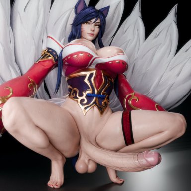 league of legends, ahri, zzzxxxccc, 1futa, 9 tails, areola slip, areolae, ass, belly, belly button, big breasts, blue hair, bottomless, breasts, clevage