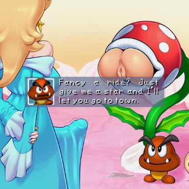 mario (series), mario party, nintendo, goomba, piranha plant, princess daisy, princess rosalina, sleepiitreat, 1futa, 1girls, anus, ass, ass focus, bare shoulders, big ass