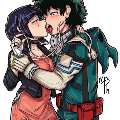 boku no hero academia, my hero academia, izuku midoriya, kyoka jiro, 1boy, 1girls, blushing at each other, clothed, clothing, eye contact, female, french kiss, french kissing, hand on wrist, holding partner