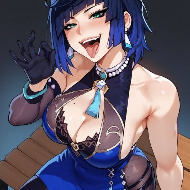 genshin impact, yelan (genshin impact), balecxi, blue hair, earrings, fellatio gesture, from above, gloves, green eyes, half-closed eyes, large breasts, looking at viewer, short hair, tongue, tongue out