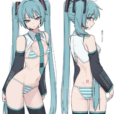 vocaloid, hatsune miku, caststation, armwear, ass, bikini, blue and white striped bikini, blue and white striped panties, blue eyes, blue hair, blue nail polish, blue nails, blush, hair accessory, long hair