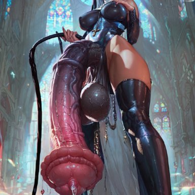 iluvhooves, 1futa, big balls, big breasts, big penis, breasts, church, eyeshadow, facing viewer, futa only, futanari, glans, goth, horsecock, huge balls