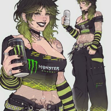 monster energy, monster energy drink, original, original character, yoracrab, 1girls, baggy clothing, baggy pants, belly, belly button, belly button piercing, belt buckle, big breasts, black choker, black fingernails