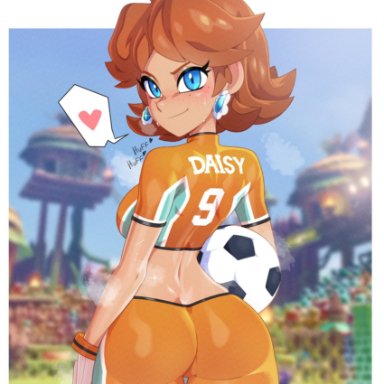 mario (series), mario strikers, nintendo, princess daisy, minicop2001, 1girls, ass, ball, bike shorts, blue eyes, breasts, brown hair, crowd, crown, earrings