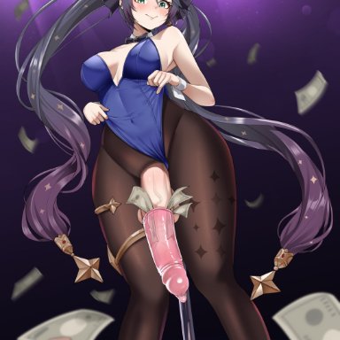 genshin impact, mona (genshin impact), wujack, 1futa, balls, big breasts, big penis, black hair, breasts, bunny ears, bunny girl, bunnysuit, clothed, clothing, condom