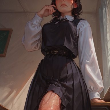 chainsaw man, mitaka asa, santarvengar, belt, belt buckle, black dress, black hair, daytime, desk, futa only, futanari, giant penis, looking at viewer, red bow, school desk