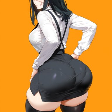 chainsaw man, mitaka asa, yoru (chainsaw man), lucyla, 1girls, ass, ass focus, black hair, demon girl, female, heroine, light-skinned female, looking at viewer, looking back, ringed eyes