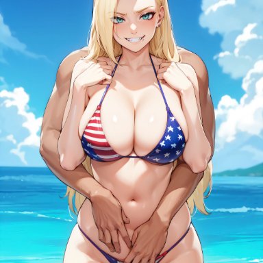 boruto: naruto next generations, naruto, naruto (series), naruto shippuden, naruto: the last, ino yamanaka, blazeren ai/3d, 1boy, 1girls, american flag, american flag bikini, bare shoulders, bare thighs, beach, big breasts