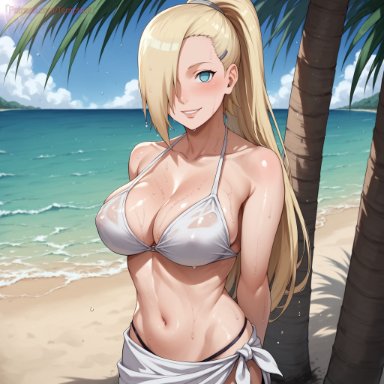 boruto: naruto next generations, naruto, naruto (series), naruto shippuden, ino yamanaka, temptart, 1girls, abs, arm support, bare chest, bare legs, bare midriff, bare shoulders, beach, big breasts