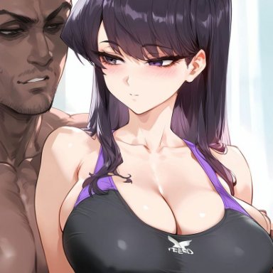 komi-san wa komyushou desu, komi shouko, nakatori, 1boy, 1girls, alternate breast size, bare arms, bare shoulders, big breasts, black hair, blush, dark skin, dark-skinned male, female, grabbing breasts