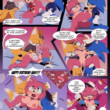 birthday, sega, sonic (series), sonic the hedgehog (series), the murder of sonic the hedgehog, amy rose, sonic the hedgehog, tails, tails the fox, apinkgrape, 1girls, 2boys, 2boys1girl, abstract background, anthro