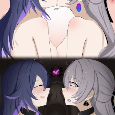 honkai: star rail, bronya rand, seele (honkai: star rail), lord dante, 2girls, blowjob, closed eyes, collaborative fellatio, collar, dark-skinned male, dilf, dominant male, domination, fellatio, french kiss