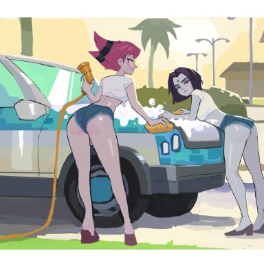 dc, dc comics, teen titans, jinx (dc), raven (dc), amugea, 2girls, ass, car, crop top, female, female only, forehead jewel, grey skin, hotpants