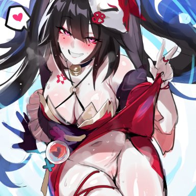 honkai (series), honkai: star rail, sparkle (honkai: star rail), kurenaiz1, bare shoulders, black hair, blush, breasts, choker, cleavage, detached sleeves, dress, female, flower tattoo, fox mask