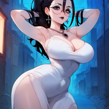 olie, thiccwithaq (ai style), xandr, 1girls, after party, alley, ass, bangs over eyes, big breasts, black hair, black lips, black lipstick, blush, breasts, brown eyes