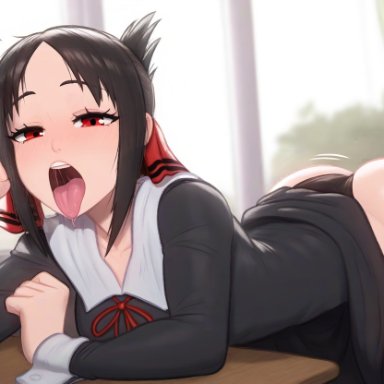 shinomiya kaguya, fluffylewdsai, ass, ass up, black hair, classroom, desk, fellatio gesture, female, female focus, half-closed eyes, horny, horny female, leaning forward, looking at viewer