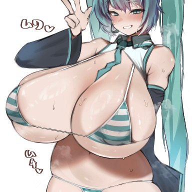 vocaloid, hatsune miku, breasts bigger than head, curvy, full-face blush, gigantic breasts, gigantic thighs, huge breasts, micro bikini, plump, skindentation, smile, steam, steaming body, striped bikini