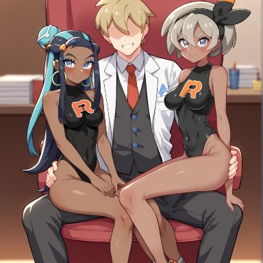 pokemon, bea (pokemon), gym leader, nessa (pokemon), notreallyhere, 1boy, 2girls, bare shoulders, blonde hair, blue eyes, blue hair, blush, brainwashing, breasts, change in common sense