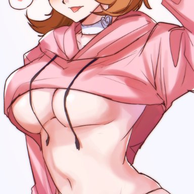 persona, persona 3, yukari takeba, yuyuy 00, :p, 1girl, blush, blushing at viewer, breasts, cropped hoodie, heart, panties, solo female, underboob, tagme