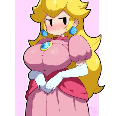 mario (series), nintendo, paper mario, paper peach, princess peach, fruitheadart, 1girls, blonde hair, blush, clothing, dress, earrings, female, gloves, huge breasts