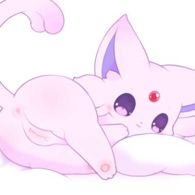 nintendo, pokemon, eeveelution, espeon, generation 2 pokemon, pokemon (species), nakimayo, &gt; &lt;, anal wink, anus, anus blush, ass, bedding, bedding background, big pupils