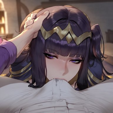 fire emblem, fire emblem awakening, robin (fire emblem) (male), tharja (fire emblem), liu (artist), bodystocking, dark hair, erection, erection under clothes, hand on another's head, imminent oral, imminent sex, looking at viewer, pov, pov crotch