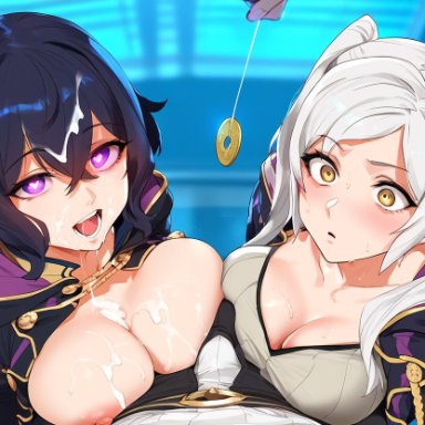 fire emblem, fire emblem awakening, morgan (fire emblem), morgan (fire emblem) (female), robin (fire emblem), robin (fire emblem) (female), tharkica, coat, cum, dark hair, heart-shaped pupils, hypnosis, mother and daughter, white hair, yellow eyes