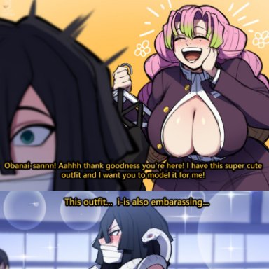 demon slayer, kimetsu no yaiba, iguro obanai, kanroji mitsuri, tanjiro kamado, blackwhiplash, 1girls, 2femboys, 4boys, angry, angry face, ass, ass focus, big ass, big breasts