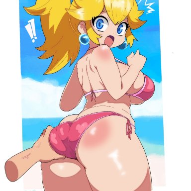 mario (series), nintendo, princess peach, fruitheadart, 1girls, 1other, ambiguous gender, ass, ass grab, barely contained, beach, big ass, big breasts, bikini, blonde hair