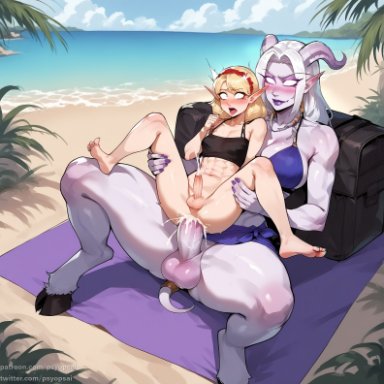 draenei, draenei futa, artist psyopsai, 1futa, ai generated, anal, anal sex, big breasts, big penis, breasts, clothed, clothing, cum, cum in ass, cum in pussy