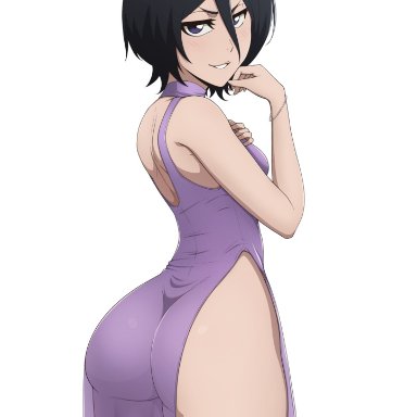 bleach, kuchiki rukia, mistowing, 1girls, ass focus, blush, bottom heavy, petite, shortstack, slit dress, smug