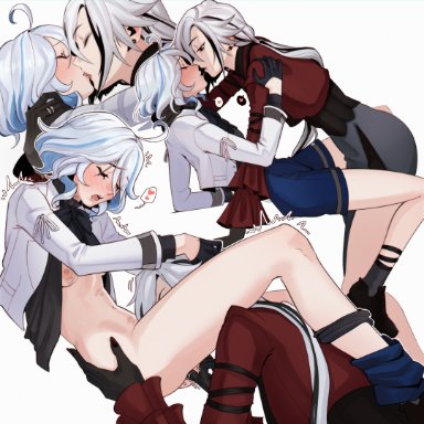 genshin impact, arlecchino (genshin impact), furina (genshin impact), 286456006, 2girls, between legs, black gloves, black hair, black skirt, blue hair, blue shorts, blush, breasts, closed eyes, cunnilingus