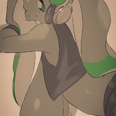 nintendo, splatoon, splatoon 2, marina (splatoon), octoling, hizake, kashu (hizake), 1girls, breasts, breasts out, brown hair, brown skin, dark skin, dark-skinned female, female