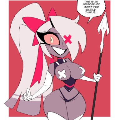 hazbin hotel, vivienne medrano, vaggie (hazbin hotel), nelljoestar, bare shoulders, black lipstick, bodysuit, boob window, breasts, covered nipples, gloves, grey body, grey hair, holding object, legwear