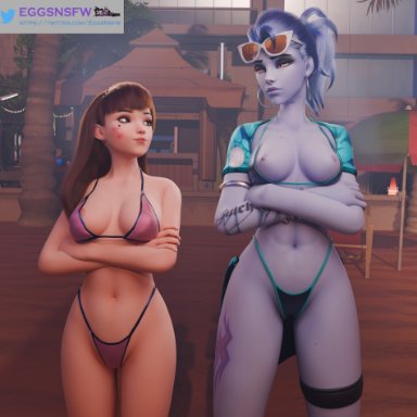 blizzard entertainment, overwatch, amelie lacroix, d.va, hana song, widowmaker, eggsnsfw, 2girls, abs, asian, asian female, beach, belly, belly button, bikini