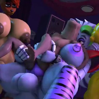 five nights at freddy's, scottgames, chica (fnaf), freddy (fnaf), roxanne wolf (fnaf), rayhuma, 1boy, 1male, 3futas, anal sex, anthro, bag over head, big breasts, breasts, furry