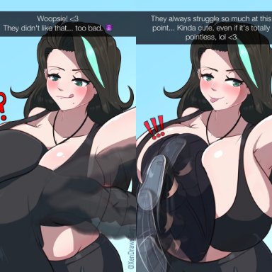 original character, xennie (xendrawsthings), xendrawsseggs, xendrawsthings, :d, :p, absorption, absorption vore, ambiguous gender, between breasts, big breasts, blush, breast expansion, breast vore, breasts bigger than head