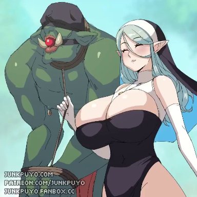 orc, jellyfishjubilee, junkpuyo, 1female, 1girls, arm wear, armwear, ass, big ass, big breasts, blue hair, blue hair female, bouncing, bouncing breasts, breasts