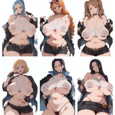 one piece, boa hancock, charlotte pudding, nami, nefertari vivi, nico robin, stussy (one piece), artist request, areola slip, belly, big areola, big breasts, breasts bigger than head, brown nipples, choker